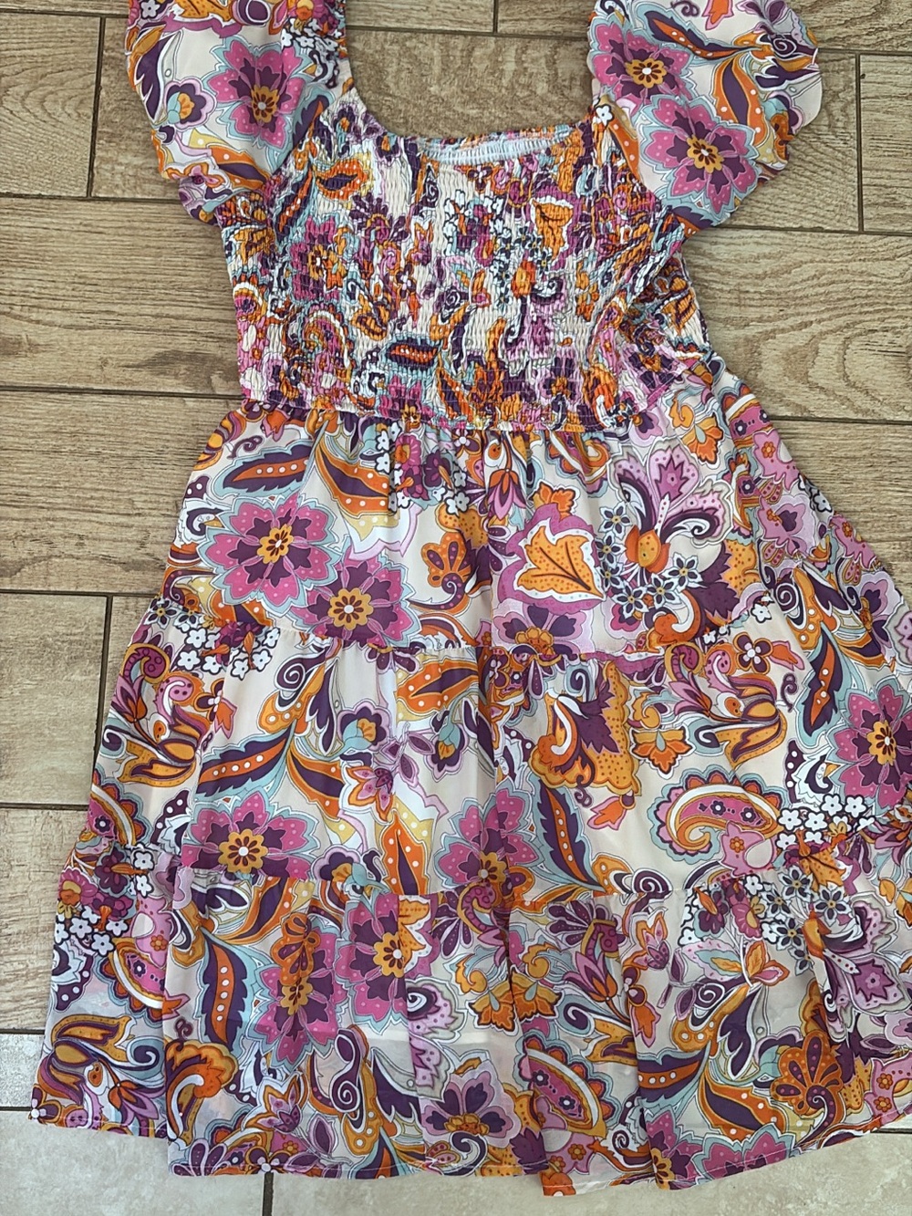 Smocked Paisley Floral Dress - Pink & Orange